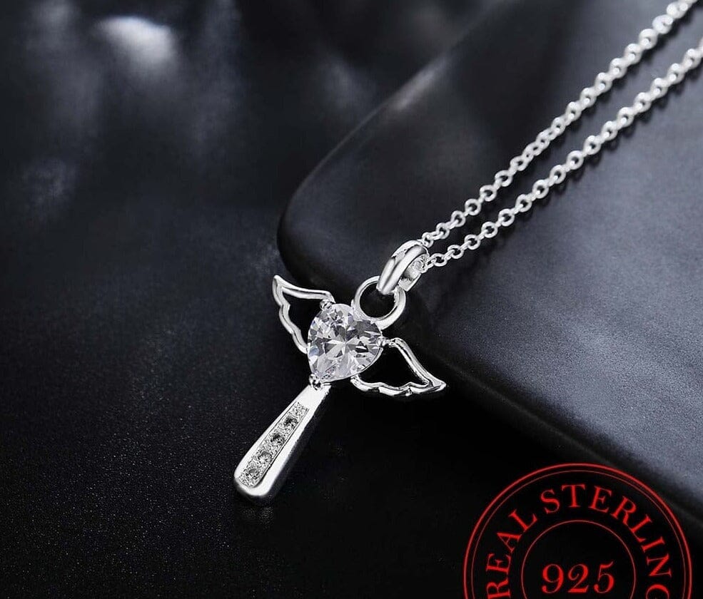 Genuine 925 Sterling Silver WWJD Angel Wings Heart Zirconia Pendant NecklaceNecklace