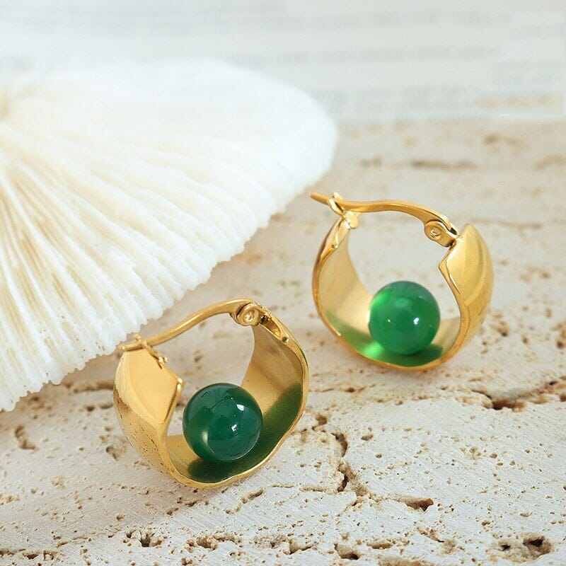 French High-end Emerald Green Natural Beads U Shaped Stainless steel EarringsEarrings