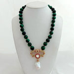 Green Tiger Eye and White Keshi Pearl Pendant NecklaceNecklace