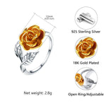 Rose Flower Leaf Open Ring - 925 Sterling SilverRing