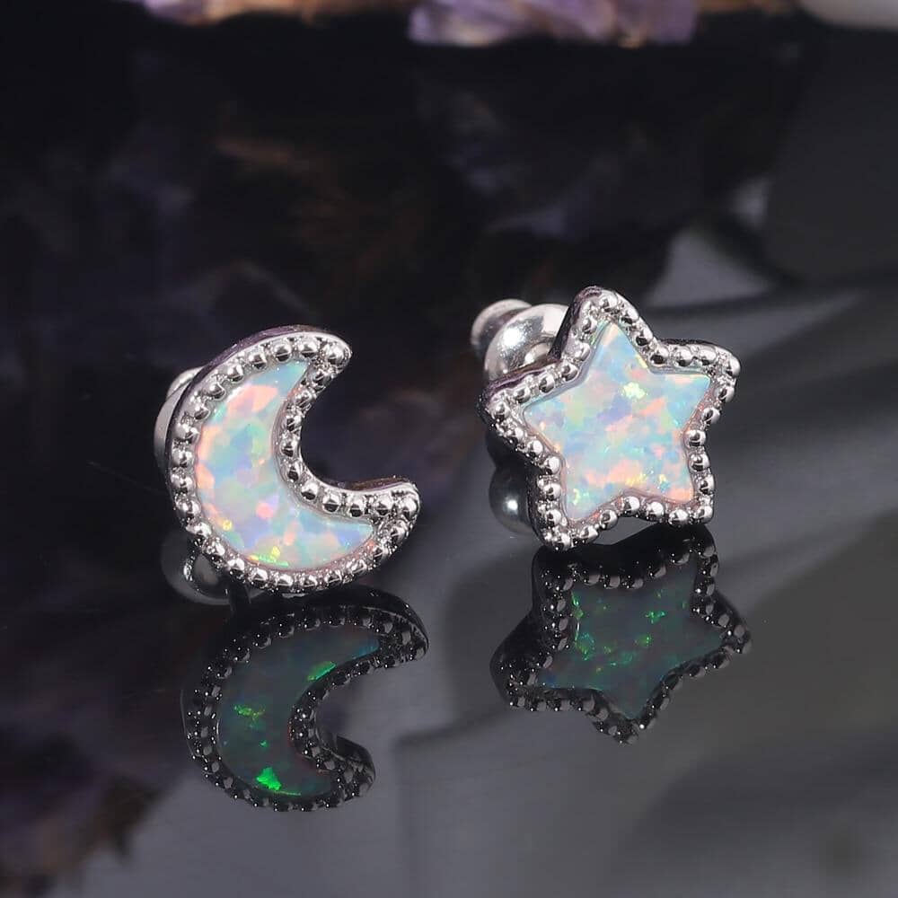 Moon & Star White Fire Opal Stud EarringsEarrings