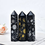 Natural Obsidian Tower Plated With Gold Star Moon Pattern Point WandWand