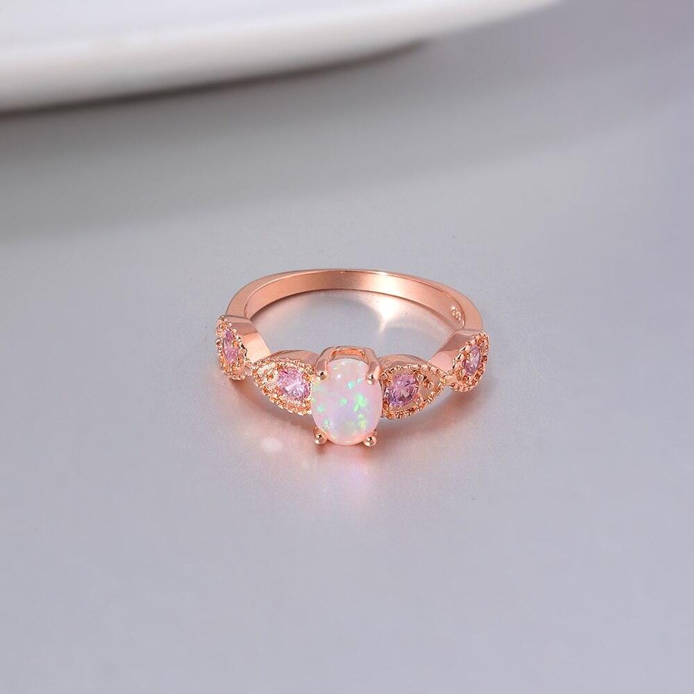 Rustic White Fire Opal Amethyst Rose Gold RingRing