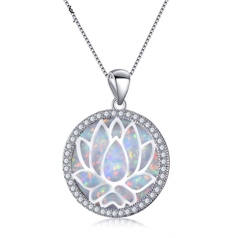 Hollow Lotus Flower White/Blue Fire Opal Round Pendant NecklaceNecklaceWhite Opal