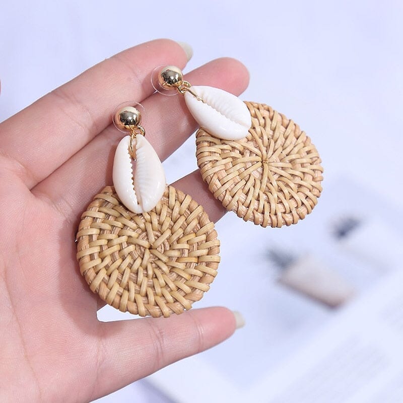 Korean Style Fashion Handmade Natural Puka Shell Rattan Drop EarringsEarrings