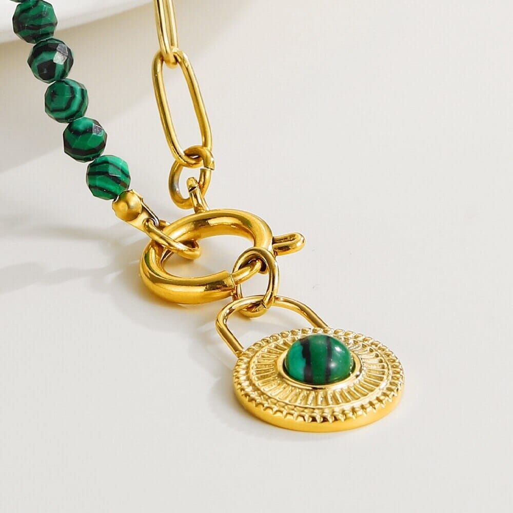 Round Lock Pendant Stainless Steel Emerald Beads Chain NecklaceNecklace