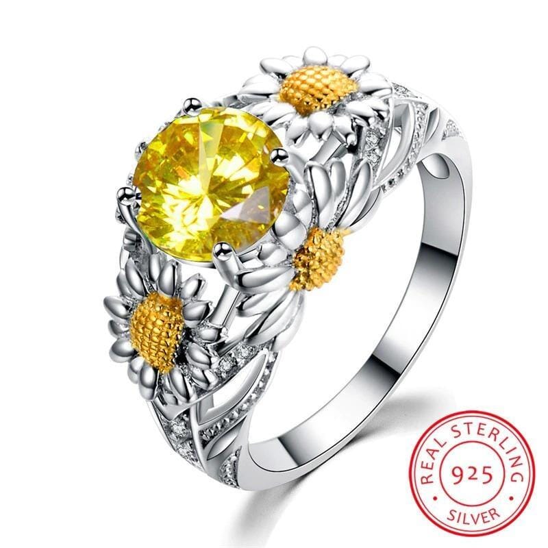 Round Yellow Zircon Ring - 925 Sterling SilverRing7