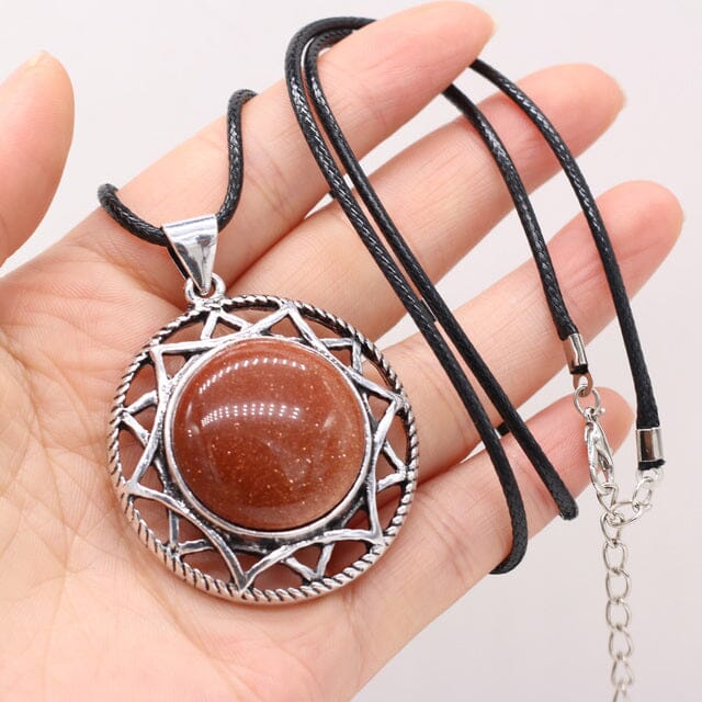 Natural Stone Round Shape Pendant NecklaceHealing CrystalGold Sand