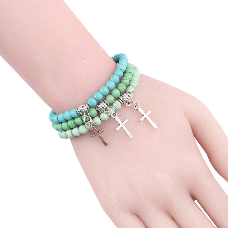 WWJD 6mm Boho Cross Natural Volcanic Stone BraceletBracelet