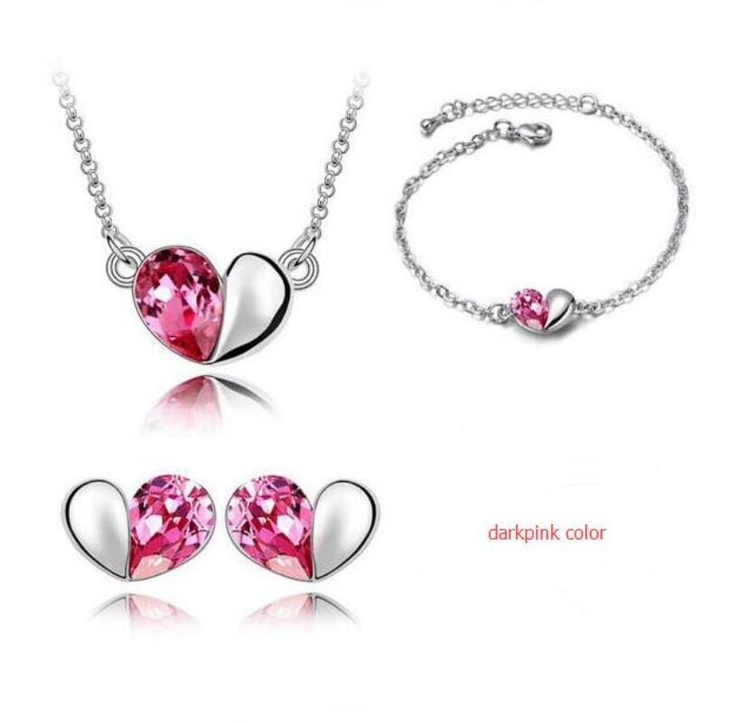 Charm Crystal Heart Blue Topaz, Pink Sapphire, Peridot, Amethyst Jewelry Setdarkpink