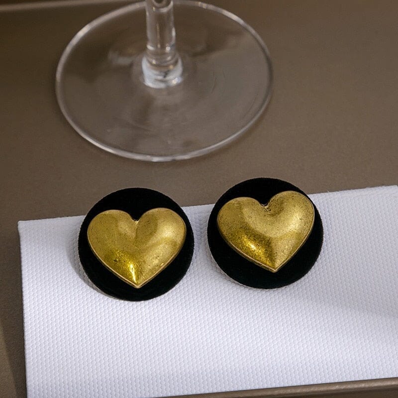 Big Black Round Gold Colour Heart Stud EarringsEarrings