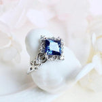 Vintage Princess Cut Lab Sapphire Ring - 925 Sterling SilverRing5blue
