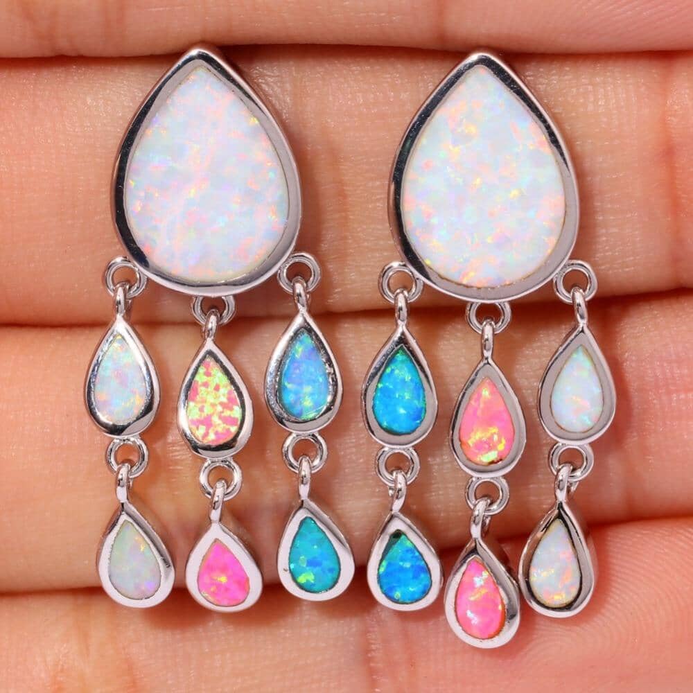 Blue Pink White Fire Opal Silver Wedding Stud EarringsEarrings