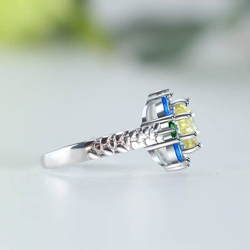 Flower Shaped Citrine and Sapphire Ring - 925 Sterling SilverRing