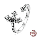 Heart Cross Black CZ Obsidian Open Ring - 925 Sterling SilverRing