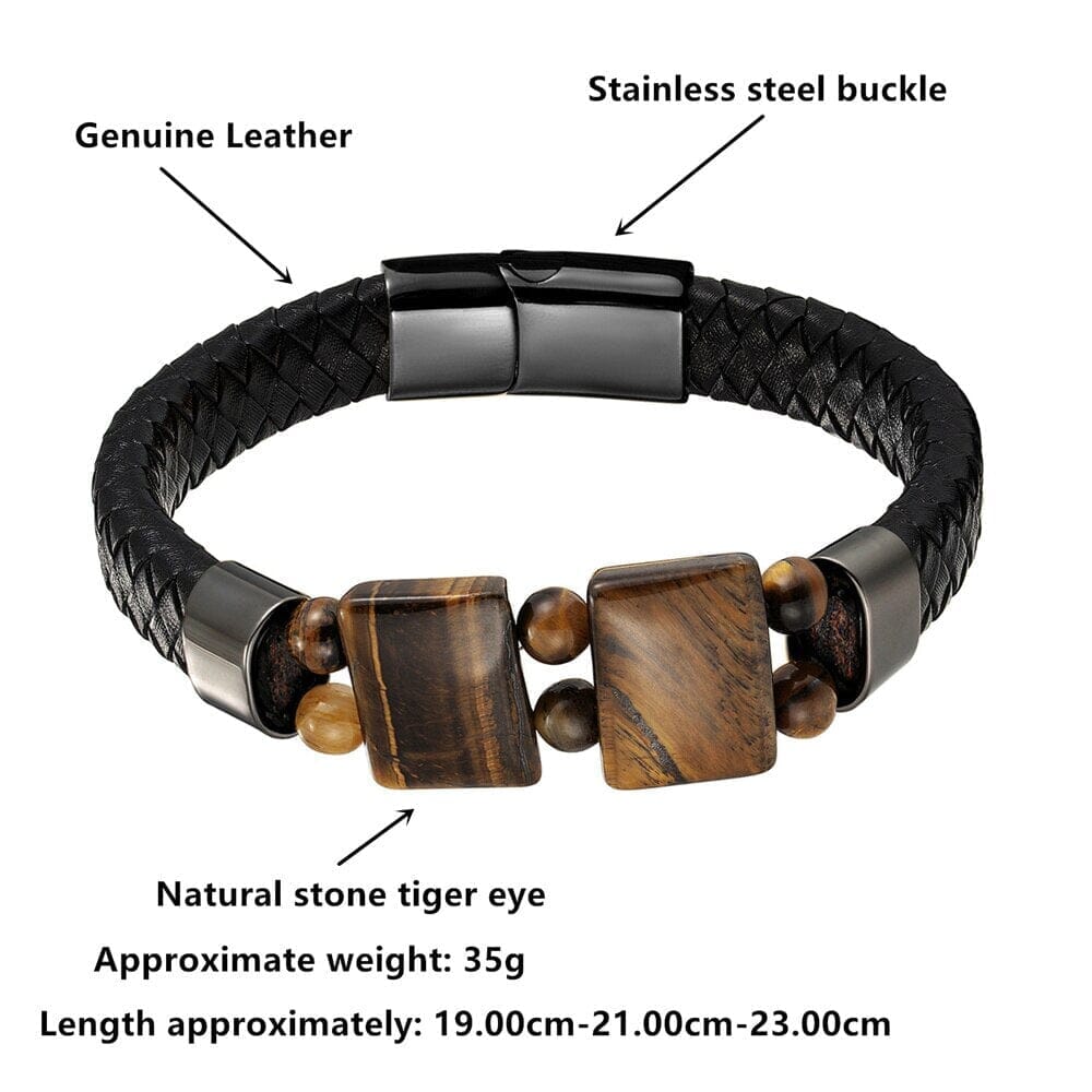 Natural Stone Tiger Eye Black Multilayer Leather Rope Stainless Steel BraceletBracelet