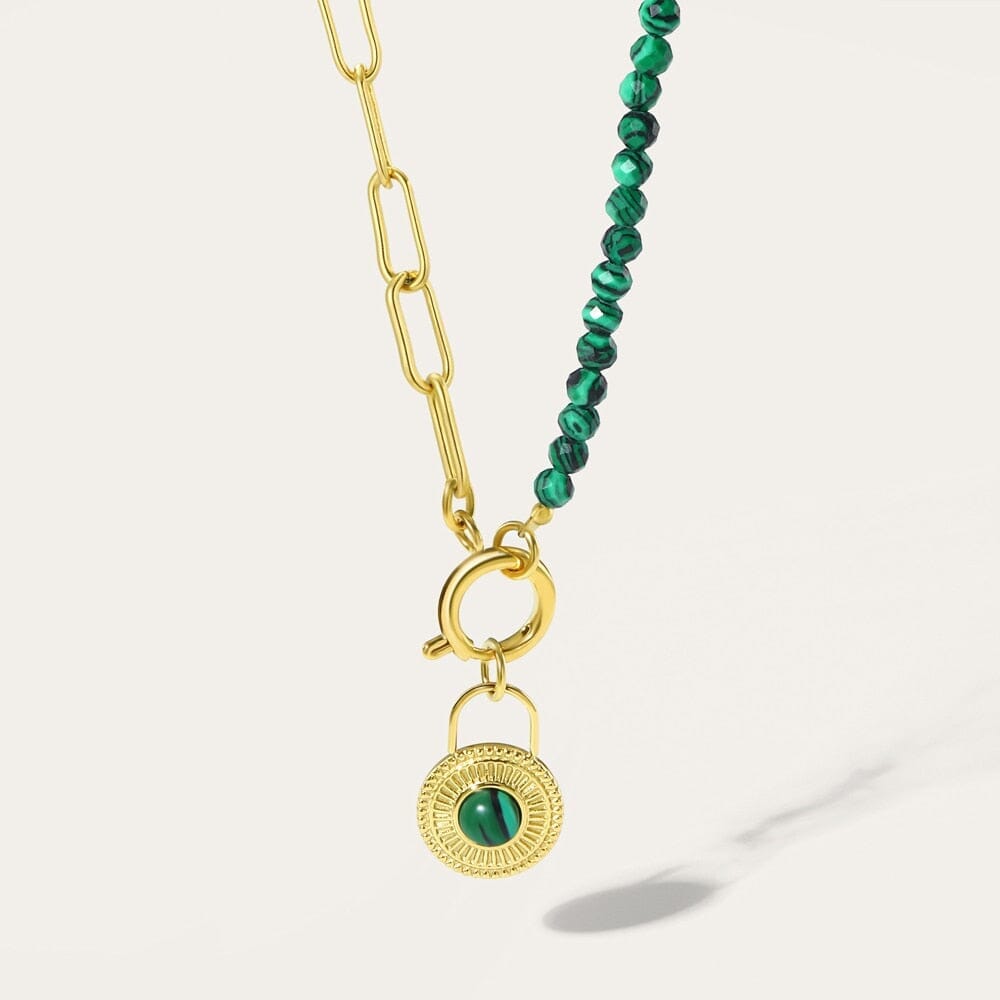 Round Lock Pendant Stainless Steel Emerald Beads Chain NecklaceNecklace