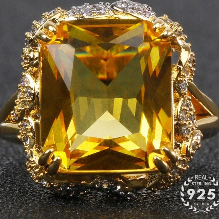 Luxury Charm Square Shaped Citrine Gemstone Ring - 925 Sterling SilverRing