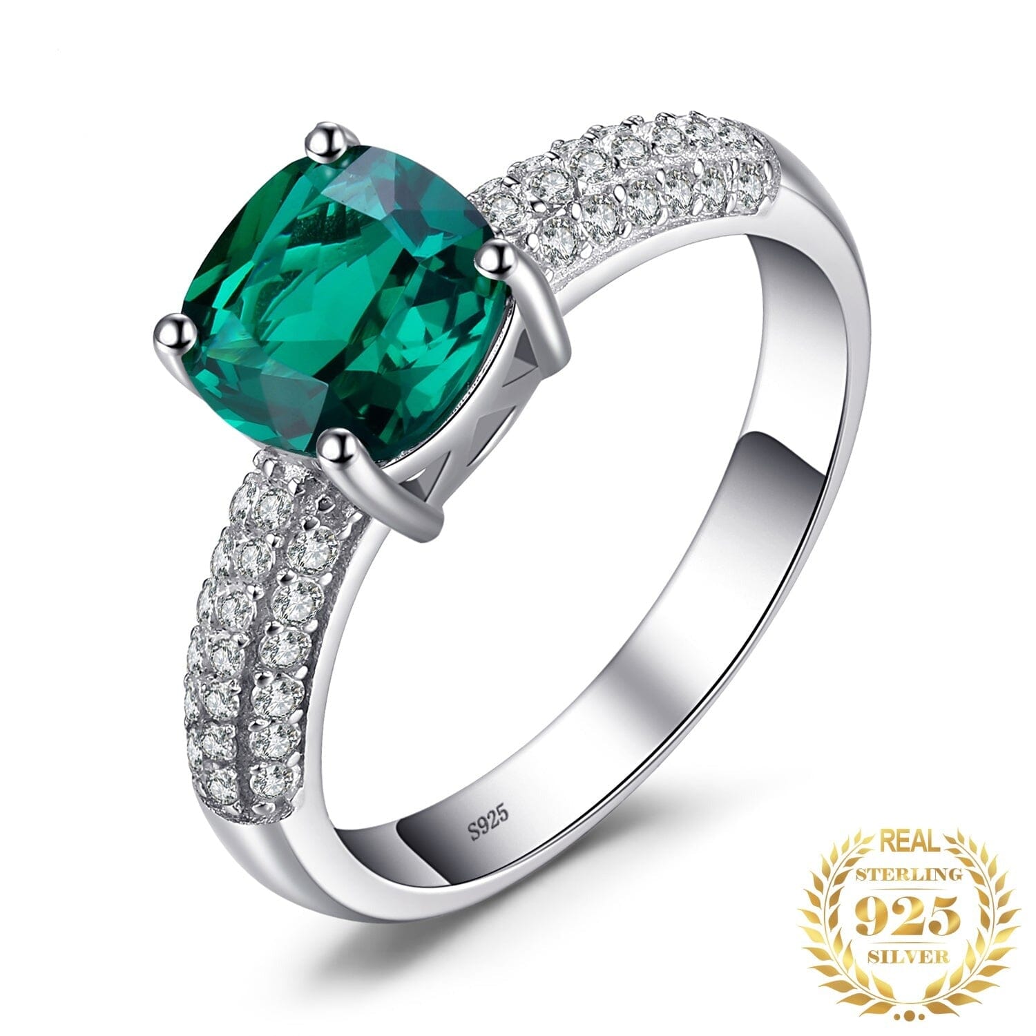Solitaire Cushion Emerald Ring - 925 Sterling SilverRing6