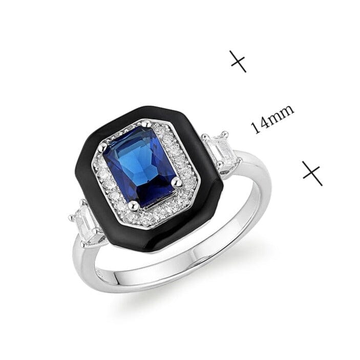 New Black Enamel Sapphire Crystal Square Ring - 925 Sterling SilverRing