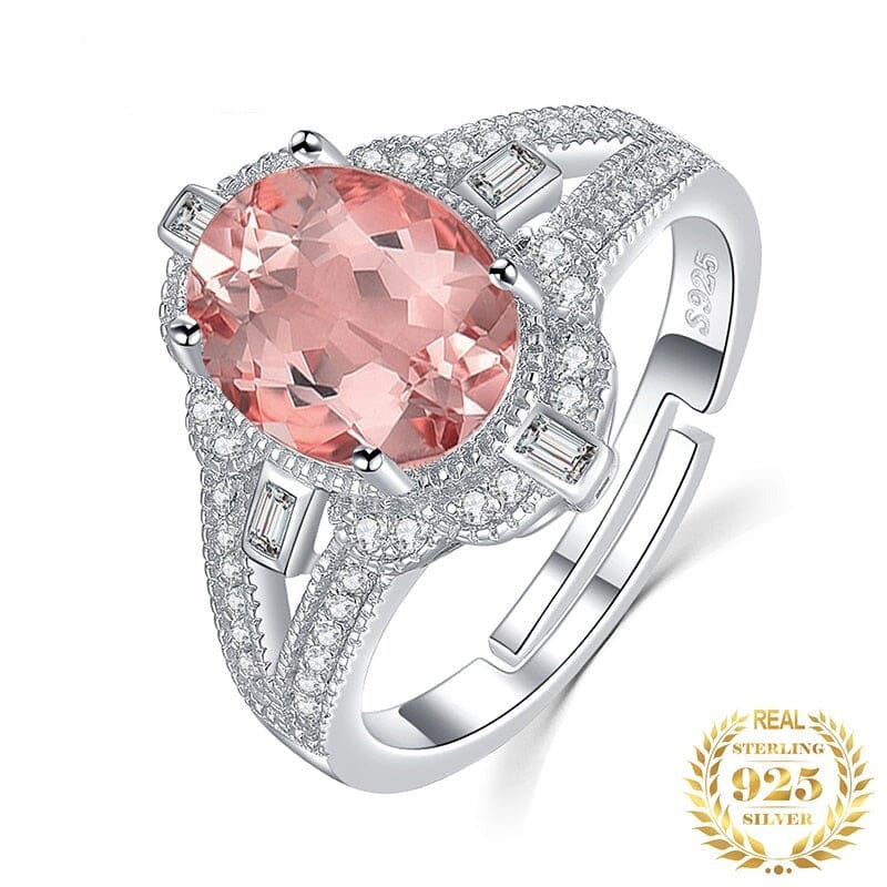 Pink Flower Oval Created Sapphire Adjustable Ring - 925 Sterling SilverRing