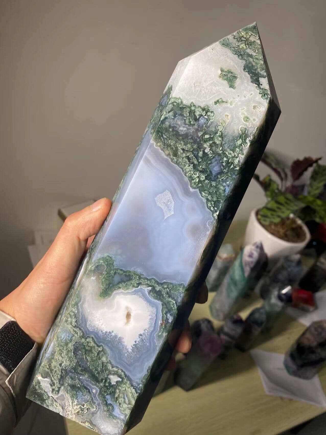 Natural Large Moss agate Crystal TowerHealing Crystal