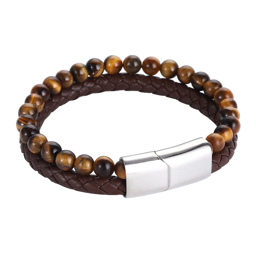 Yellow Tiger Eye in Genuine Leather BraceletBraceletSilver18.5cm