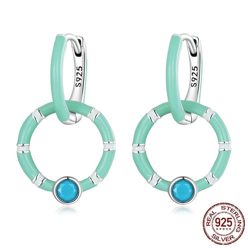 Summer Fashion Turquoise Double Ring Hoop Earring - 925 Sterling SilverEarrings