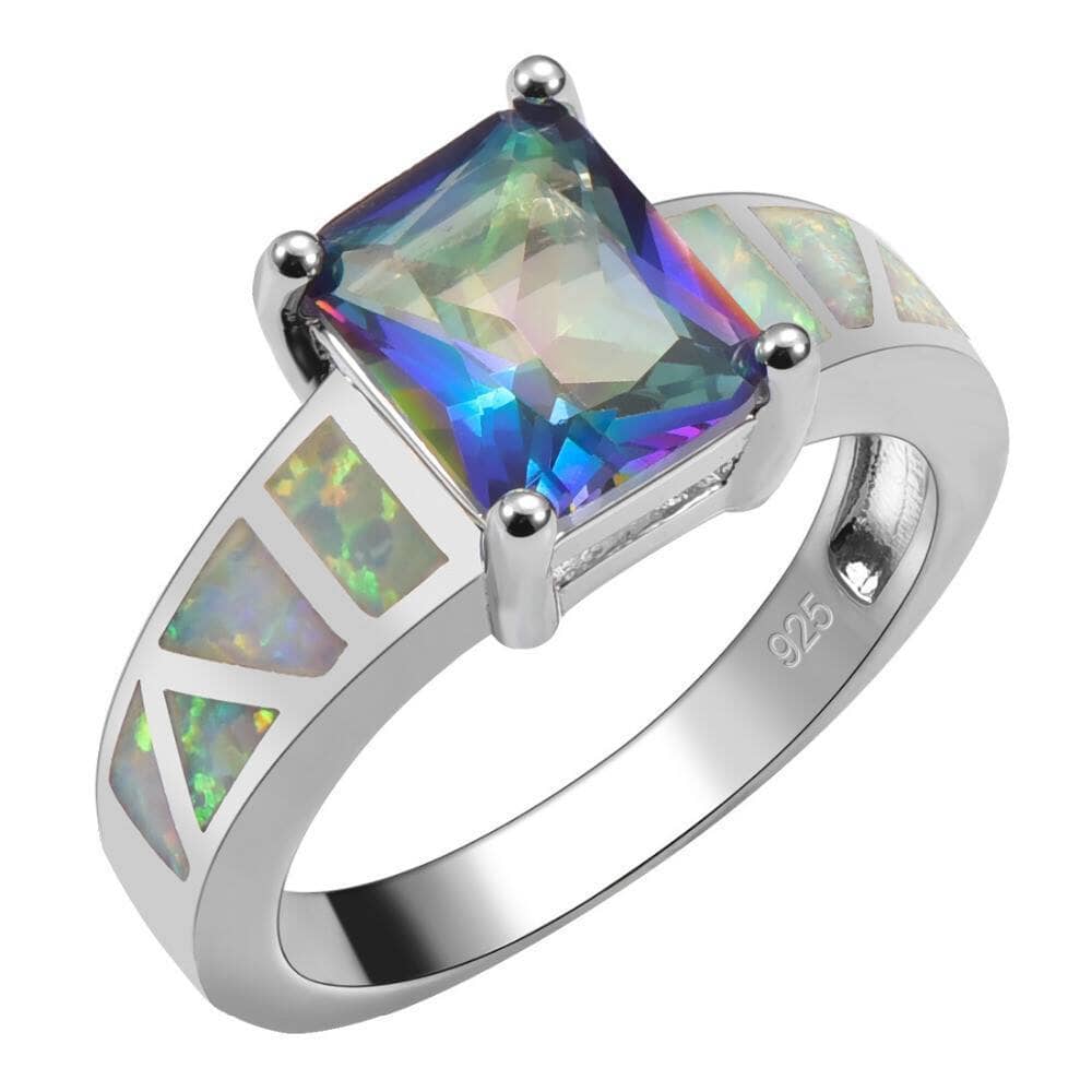 Rainbow Topaz With White Fire Opal Sterling Silver Square RingRing9