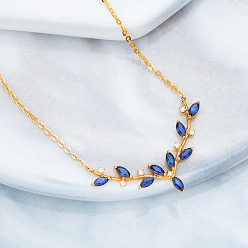 Blue Stylish CZ Leaves Pendant Necklace Link Chain - 925 Sterling SilverNecklace