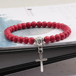 WWJD 6mm Boho Cross Natural Volcanic Stone BraceletBraceletRed17cm