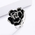 Elegant Unique Black Enamel Flower Ring - 925 Sterling SilverRing