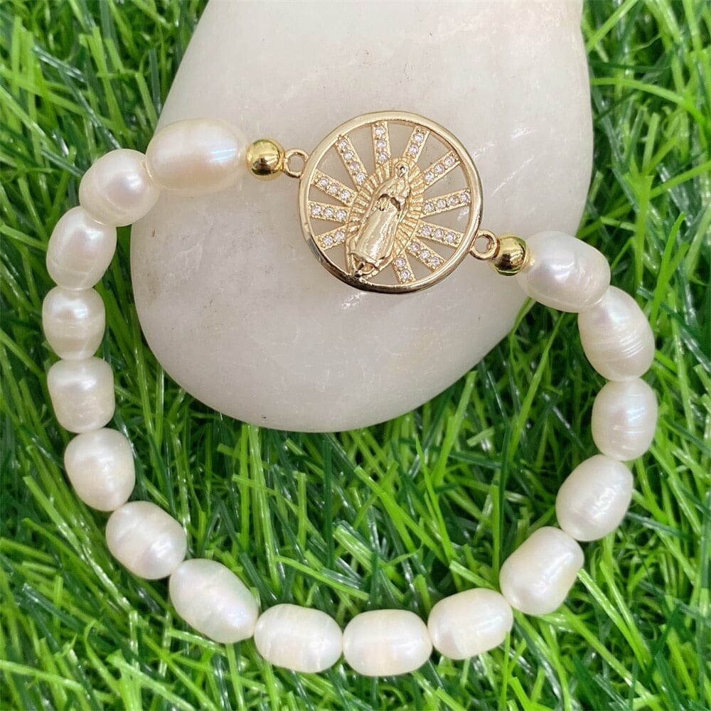 Simple Style Boho Virgin Mary Natural Freshwater Pearl Beaded Handmade WWJD BraceletBracelet