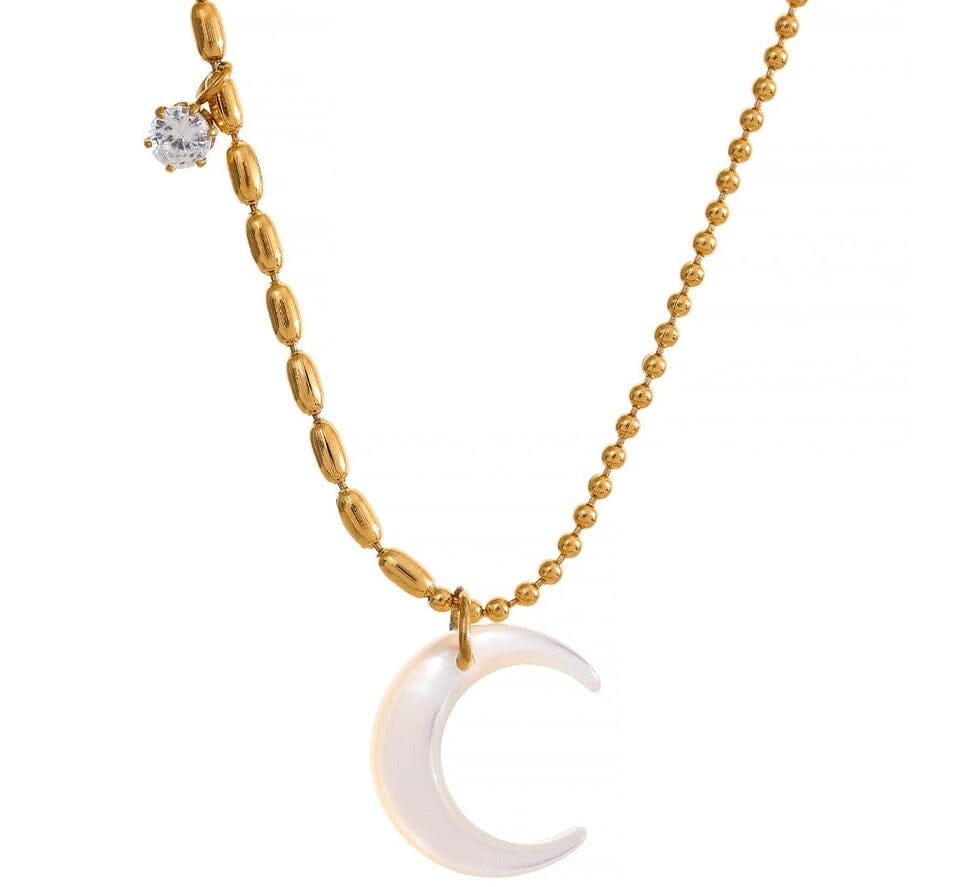 Gold Color Stainless Steel White Shell Moon Pendant Chic NecklaceNecklace