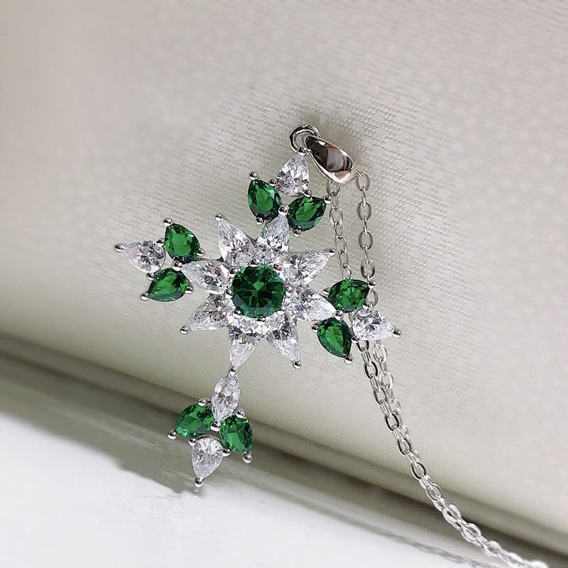 High Carbon Diamond Cross and Emerald Pendant Necklace - 925 Sterling SilverNecklace