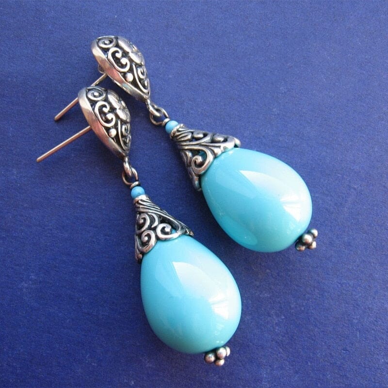 Vintage Metal Hand Carved Flower Pattern Turquoise Stone Drop EarringsEarrings