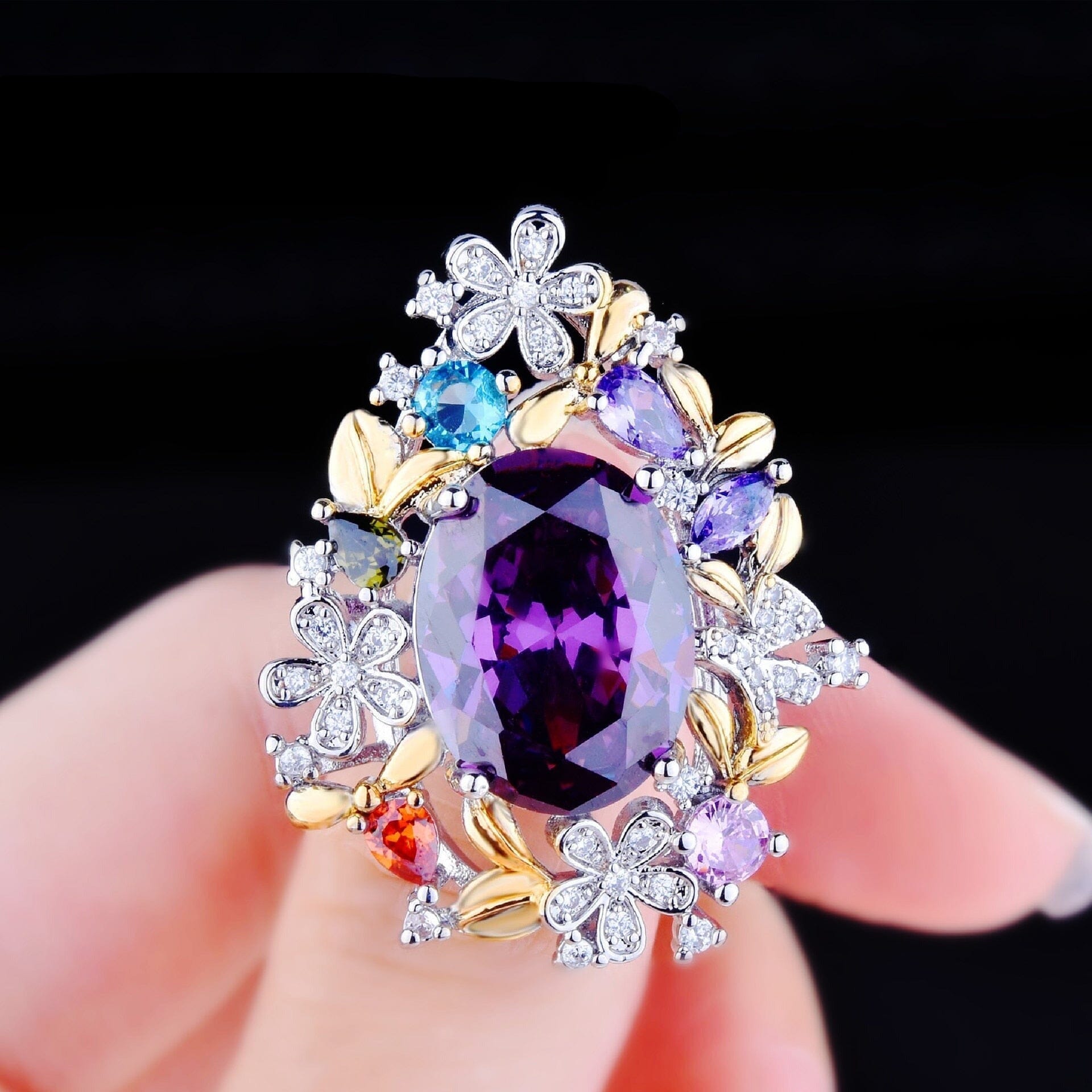 Secret Garden Amethyst Purple Stone Luxury Flowers Design Jewelry SetNecklaceRingsResizable