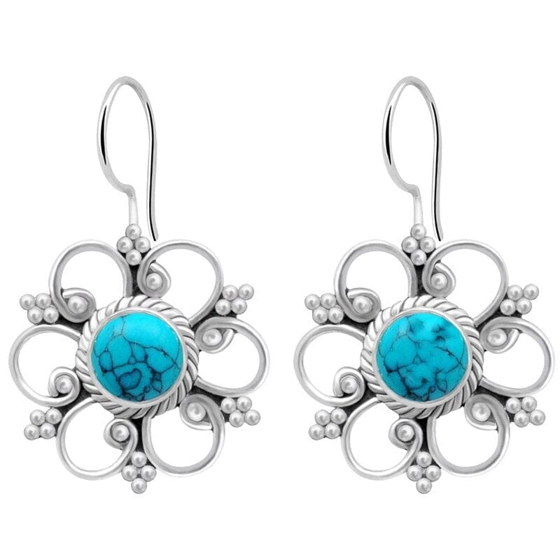European Fashion Flower Turquoise Drop Earrings - 925 Sterling SilverEarrings