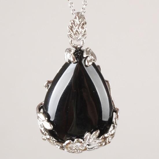 Teardrop Inlaid Flower Pendant Natural Healing Crystal (PENDANT ONLY)NecklaceBlack Agate