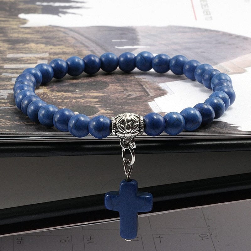 WWJD Vintage Cross Natural Stone 6mm Beads BraceletBraceletDark Blue17cm