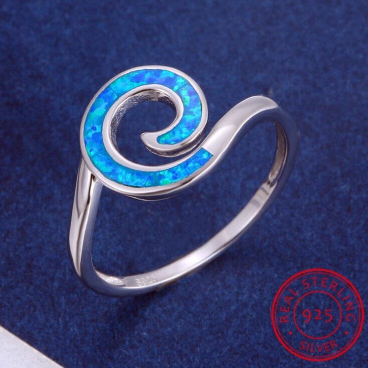 Rainbow Cloud Wave Blue White Fire Opal Ring - 925 Sterling SilverRing6Blue Opal Ring