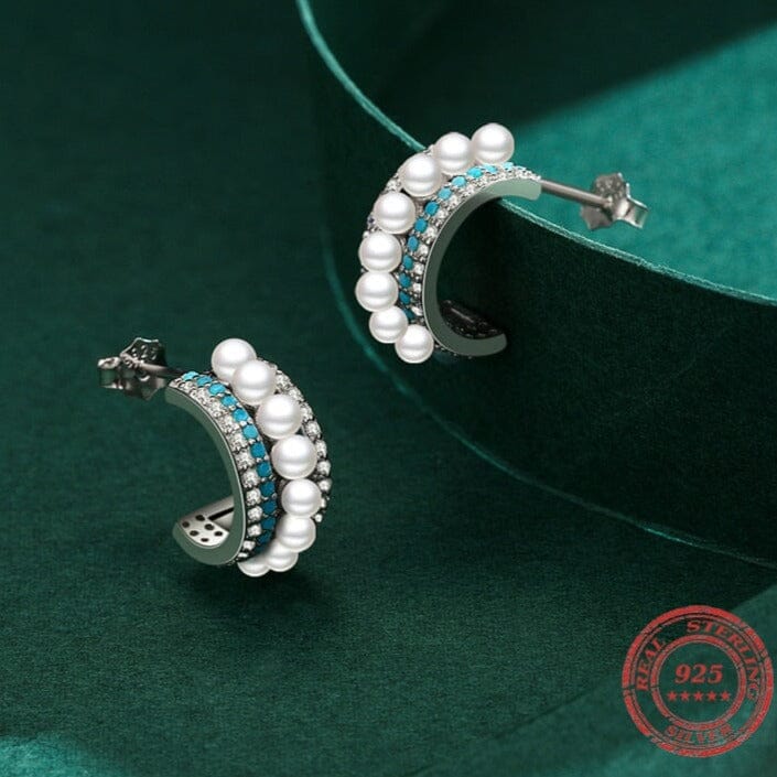 Luxury Pearl Charm Turquoise Stud Earrings - 925 Sterling SilverEarrings