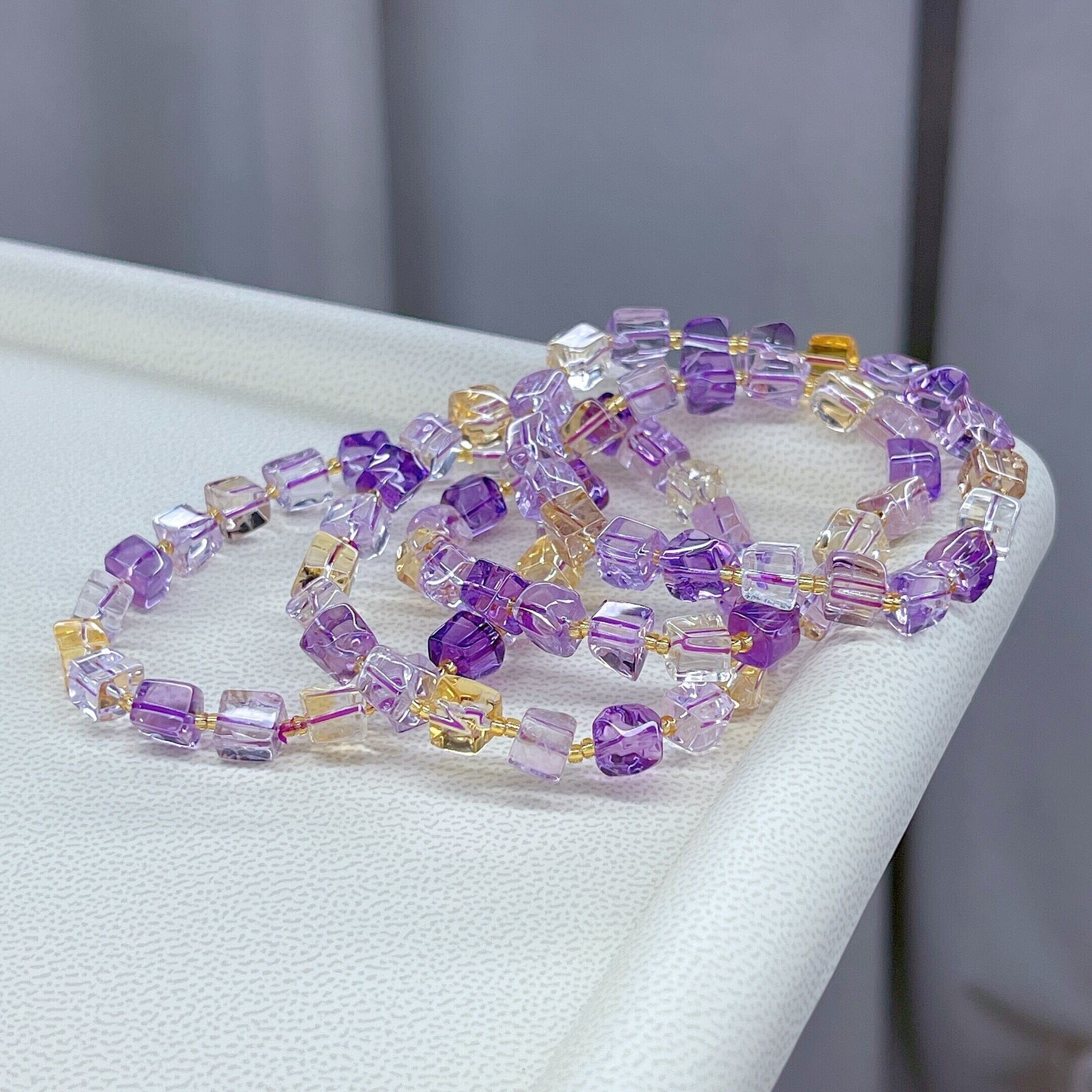 Natural Ametrine Purple Yellow Clear Cube Beads Bracelet