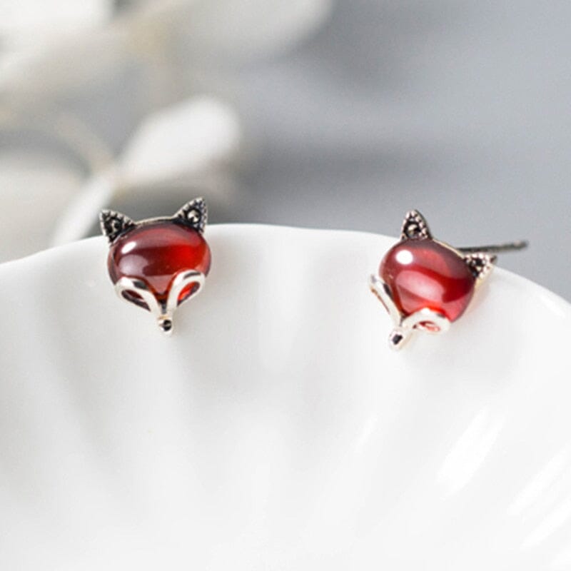 Lady Fashion Ruby Stone Fox Stud Earrings - 100% 925 Sterling SilverEarrings