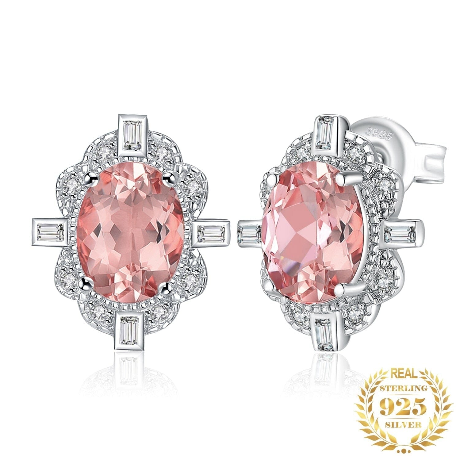 Pink Flower Oval Created Sapphire Earrings - 925 Sterling SilverEarrings