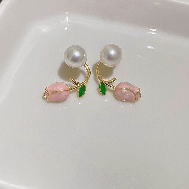 Elegant Fine Pearl Trend Summer Fresh Pink Flowers Stud EarringsEarrings