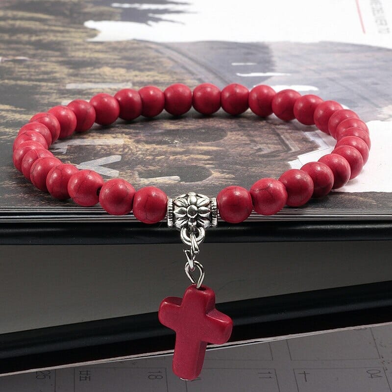 WWJD Vintage Cross Natural Stone 6mm Beads BraceletBraceletRed17cm