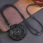 Natural Black Obsidian Hand Carved Chinese Dragon Phoenix BaGua Lucky AmuletNecklace