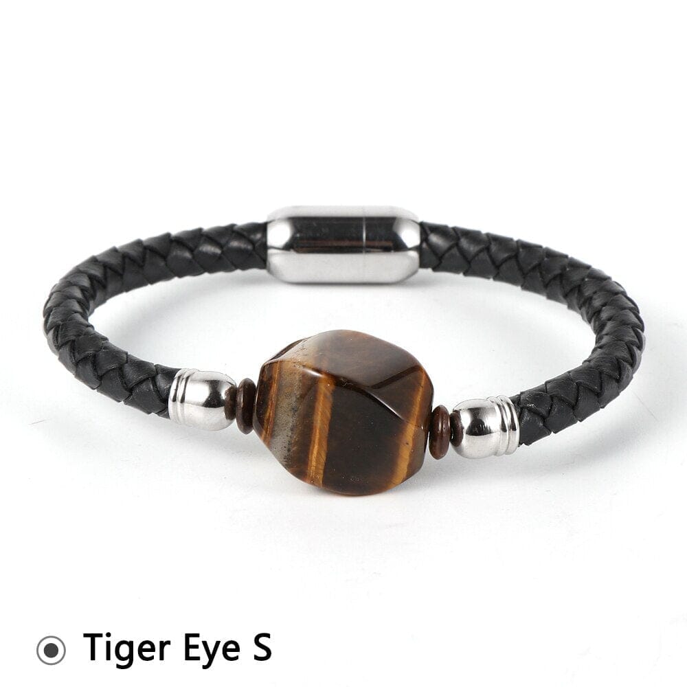Tiger Eye and other Stones Genuine Leather Stainless Steel Buckle WristbandBraceletTiger Eye S18cm