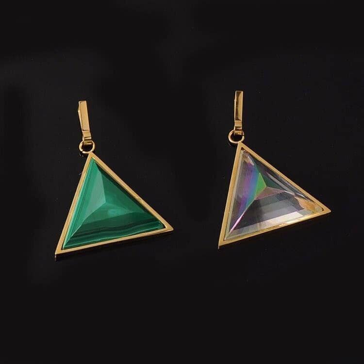 Aquamarine, Malachite And Clear Quartz Triangle Amulet NecklaceNecklace